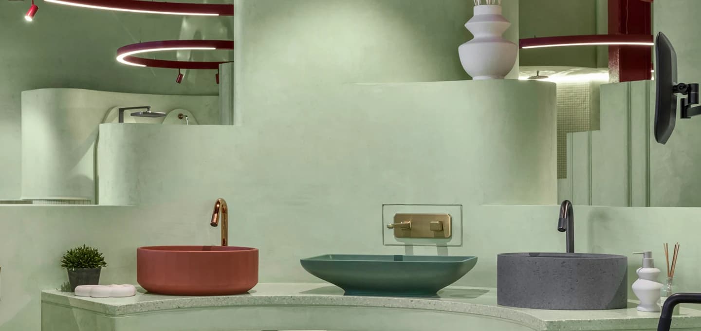 Sculptural wash basins displayed at an Aquant experience centre