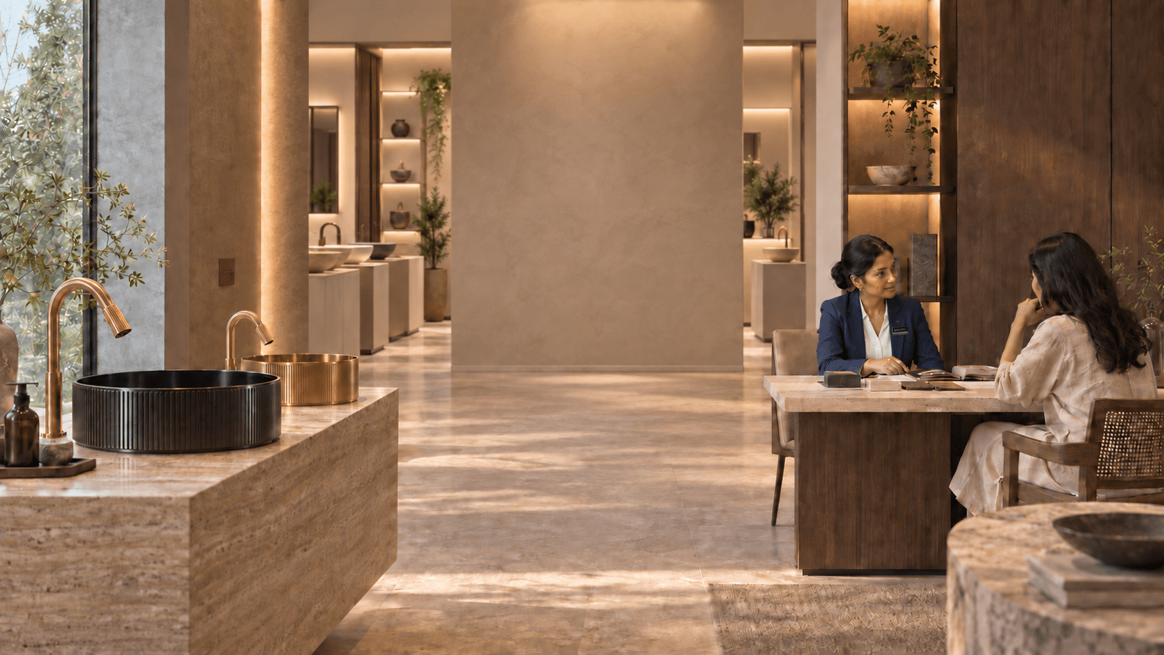 Illustrative Aquant-inspired experience centre with basin displays, brass fittings and an Aquant-badged advisor consulting with a customer