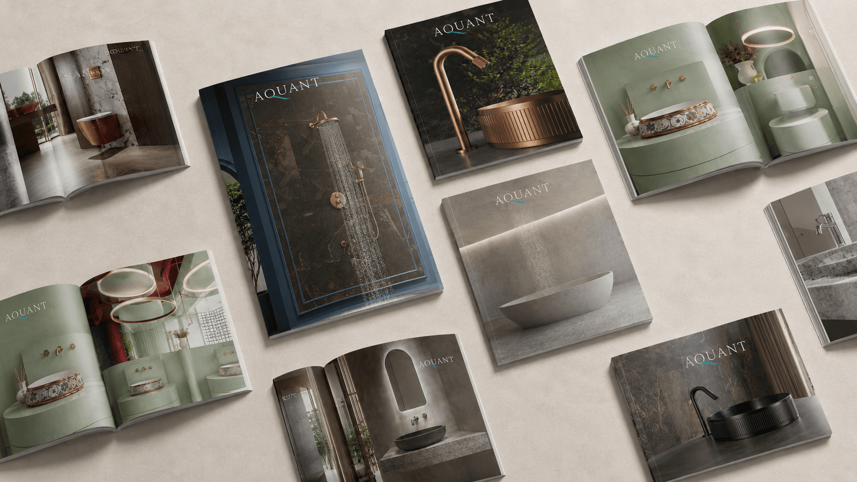 A panoramic selection of Aquant bathroom collection catalogues