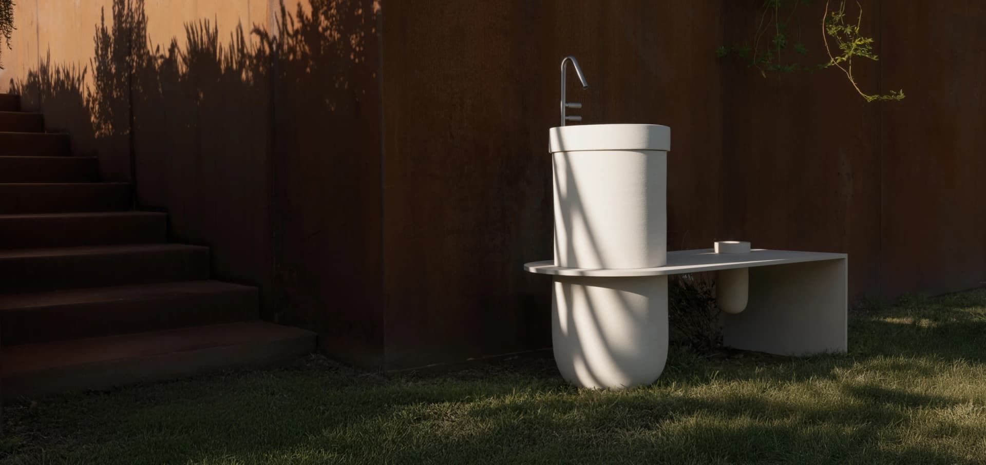 LuneUp sculptural ceramic basin and aluminium furniture system